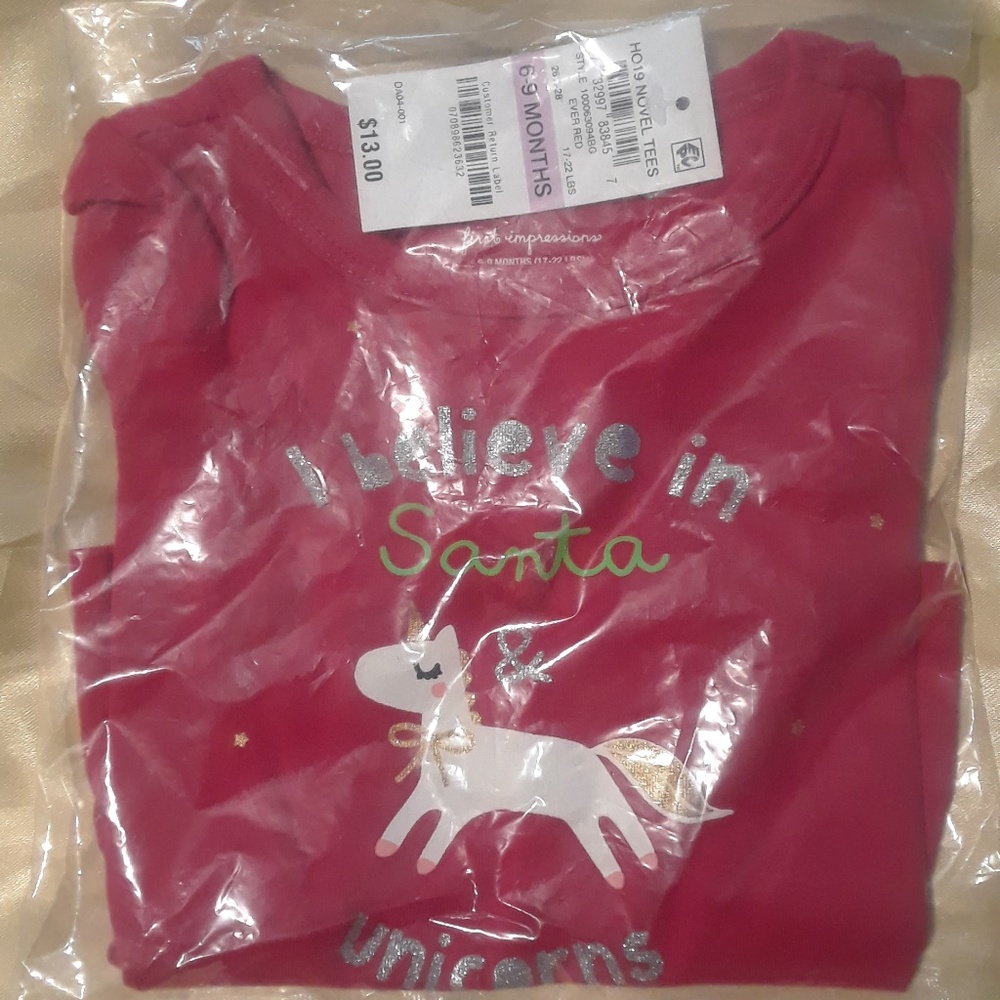 NWT girls  christmas unicorn shirt 6-9 mo.